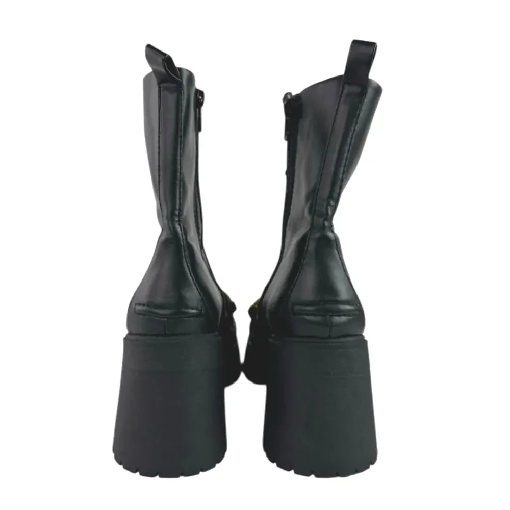 Asos Rani Women's Black Leather Zip Chain Chunky Platform Block Heels Boots Sz 8